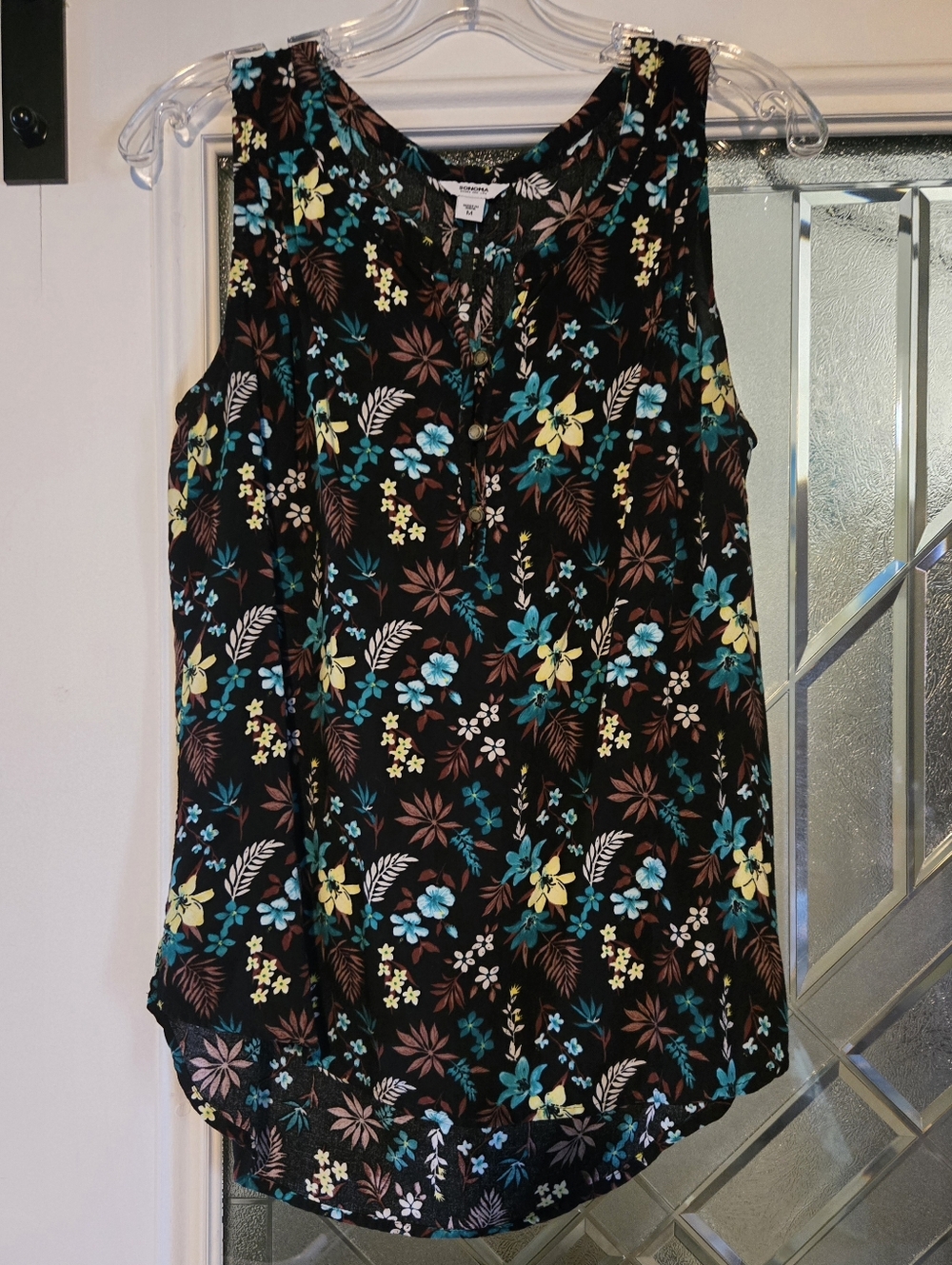 Floral Sleeveless Tank Top - Black with Teal & Yellow Floral Print